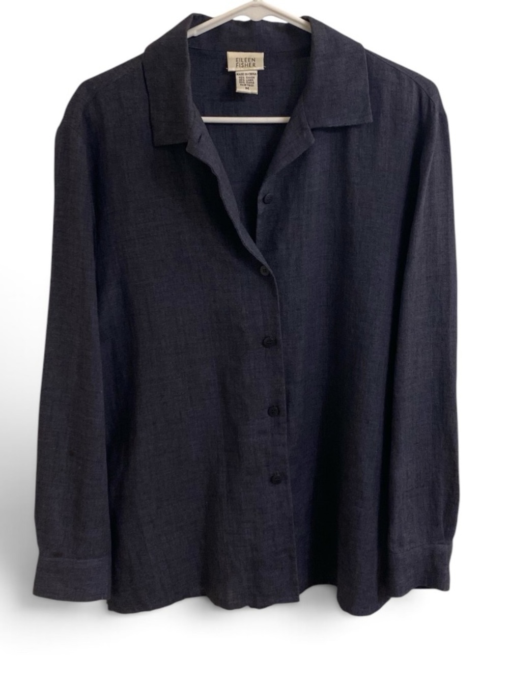 EILEEN FISHER LINEN BLEND BUTTON FRONT SHIRT DARK SLATE BLUE MEDIUM TIMELESS - Picture 3 of 13